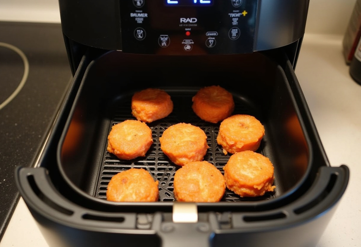 Marinated salmon bites arranged in an air fryer basket for cooking, showing the preparation of crispy air fryer honey garlic salmon bites.