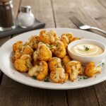 Delicious crispy baked cauliflower bites with garlic sauce, visually appealing and perfect for serving as a tasty snack or appetizer.