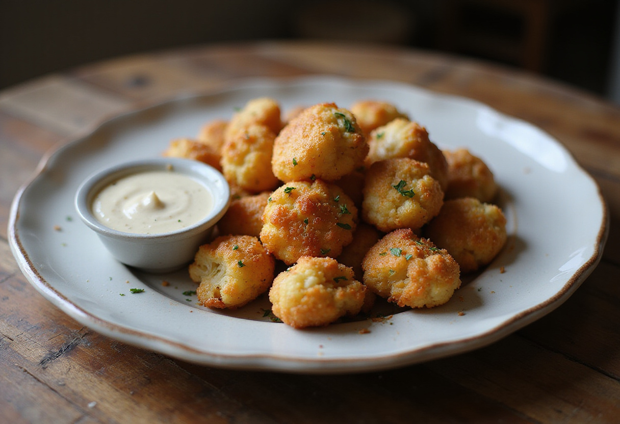 Delicious crispy baked cauliflower bites with garlic sauce, visually appealing and perfect for serving as a tasty snack or appetizer.