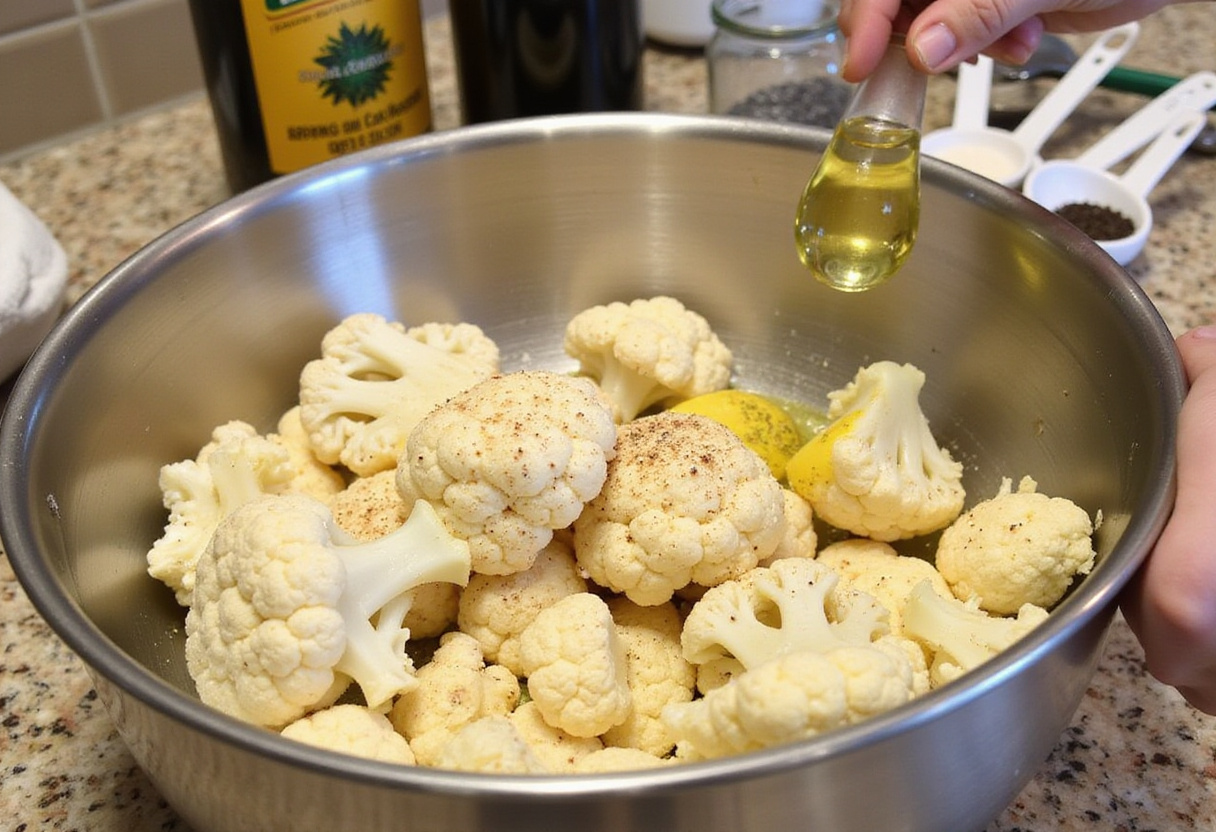 Crispy Baked Cauliflower Bites preparation with olive oil, garlic powder, and spices for delicious, healthy snacks.
