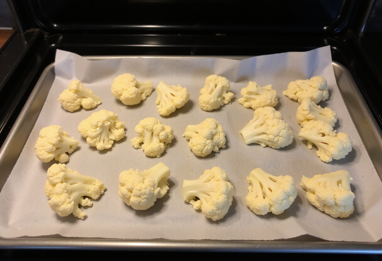 Baking delicious crispy cauliflower bites on a lined tray to achieve perfect texture and flavor.