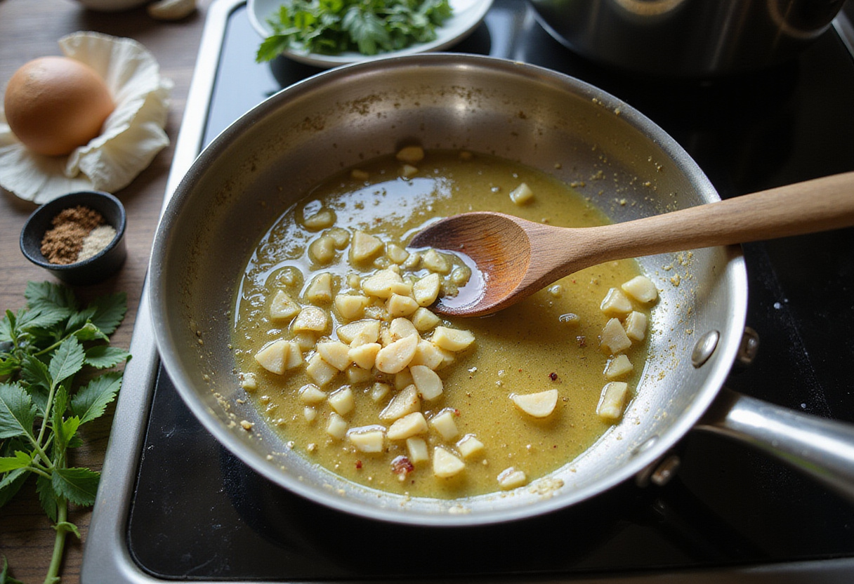 Making a flavorful garlic sauce for crispy cauliflower bites, using fresh garlic and aromatic herbs for robust taste.