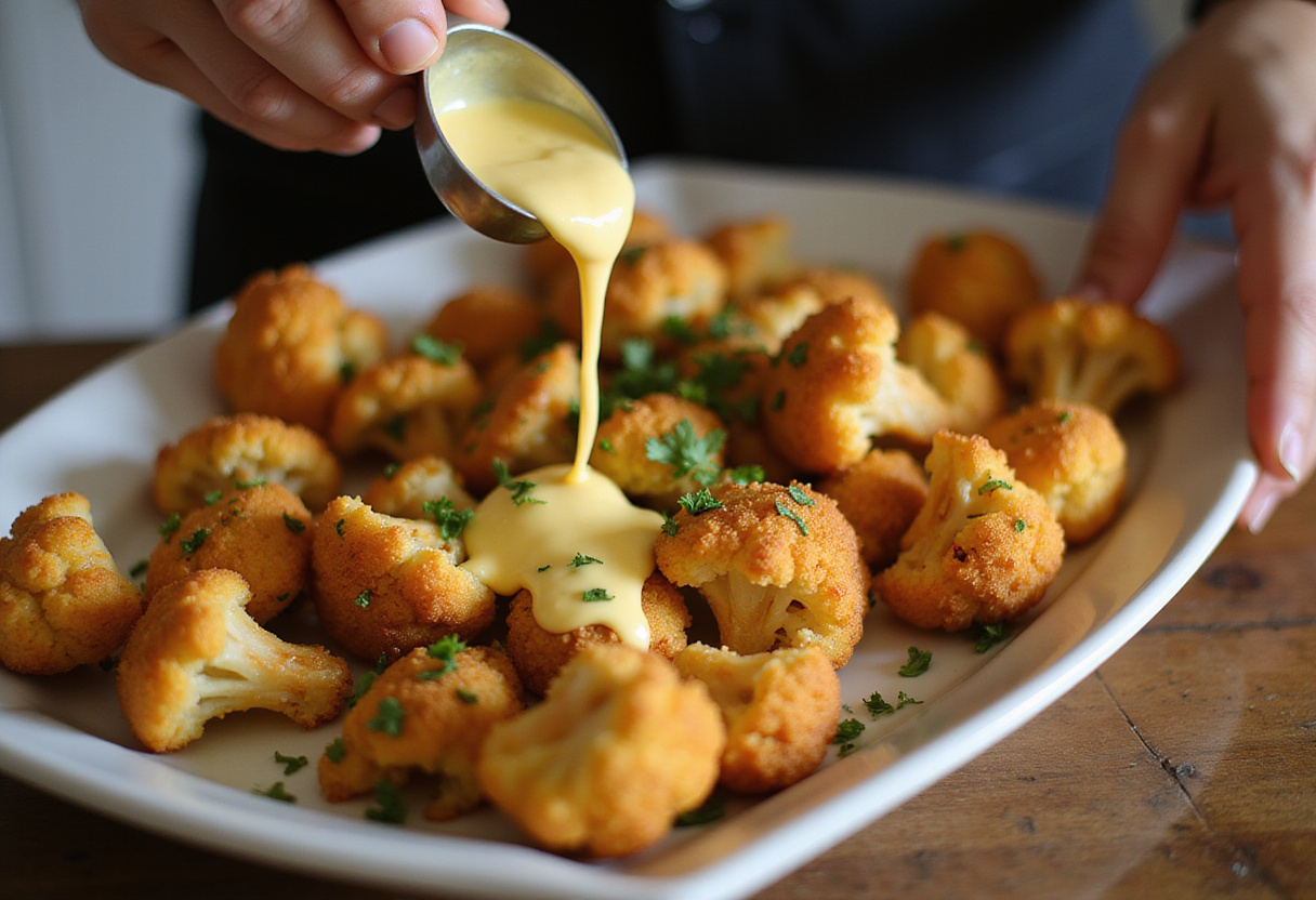 Serving crispy baked cauliflower bites drizzled with garlic sauce, a perfect appetizer or side dish for healthy eating.