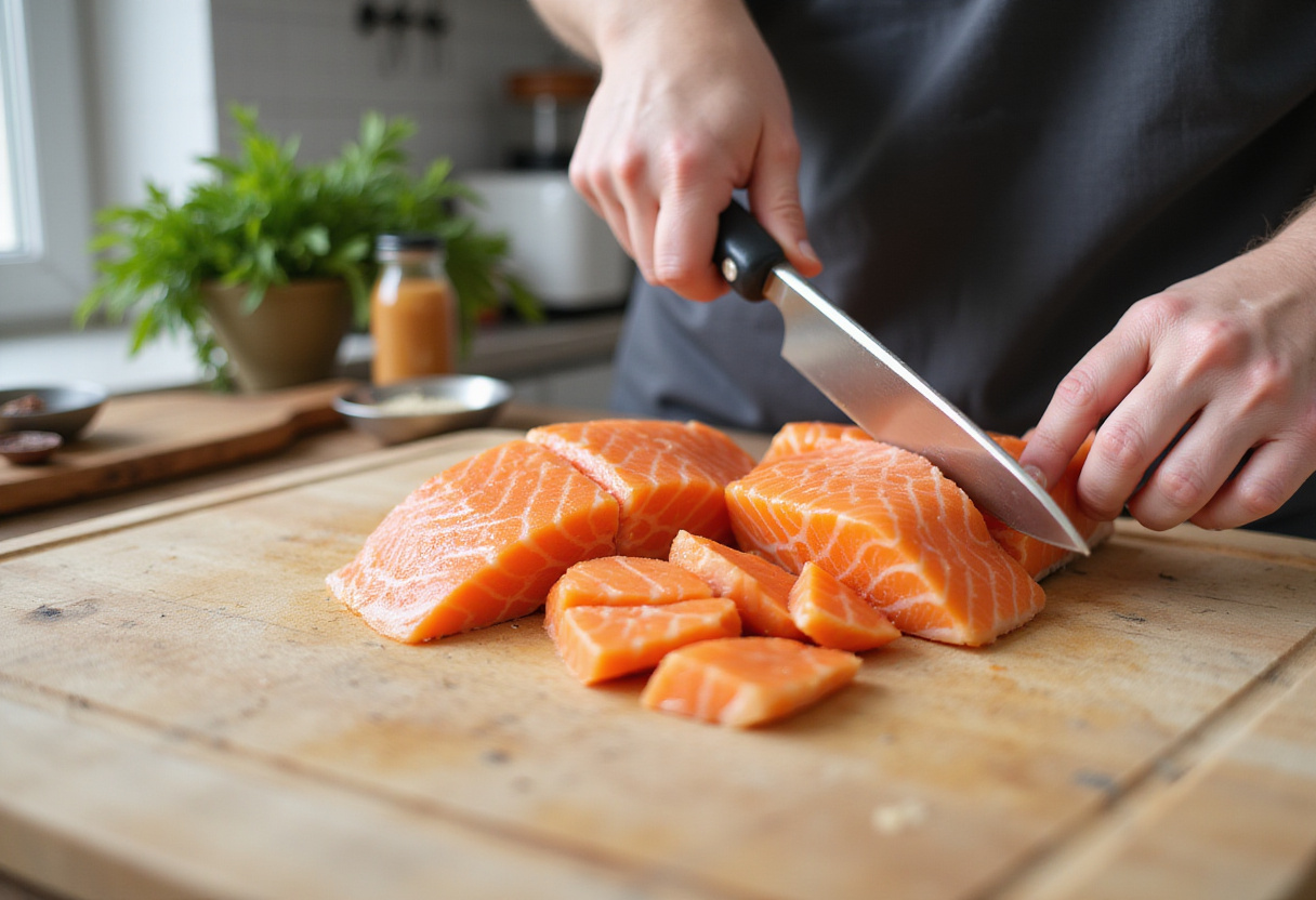 Fresh salmon fillets ready for Crispy Bang Bang Salmon Bites preparation, showcasing healthy ingredients and kitchen tools.