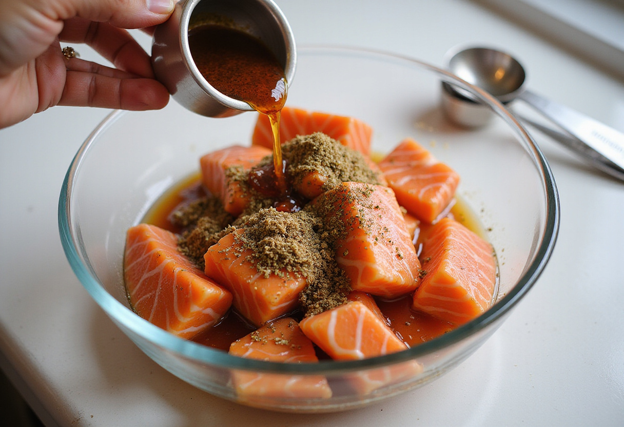 Marinated salmon chunks for Crispy Bang Bang Salmon Bites, emphasizing the combination of flavors and ingredients.