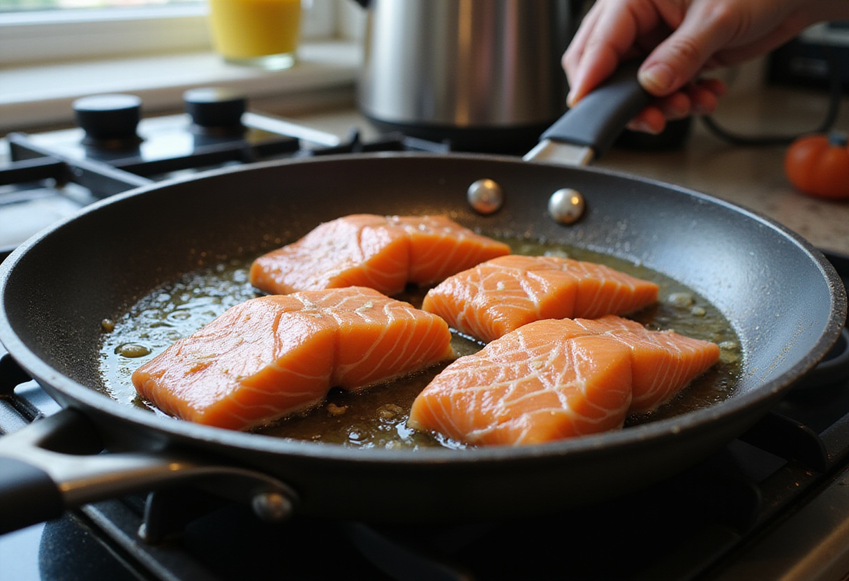 Sizzling salmon bites frying in a pan for crispy texture in Crispy Bang Bang Salmon Bites recipe, capturing the cooking process.