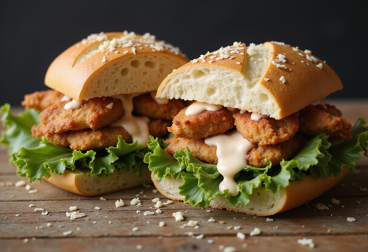 Final presentation of a Crispy Chicken Caesar Sandwich, cut in half to reveal the delicious layers of chicken, lettuce, and dressing, beautifully garnished.
