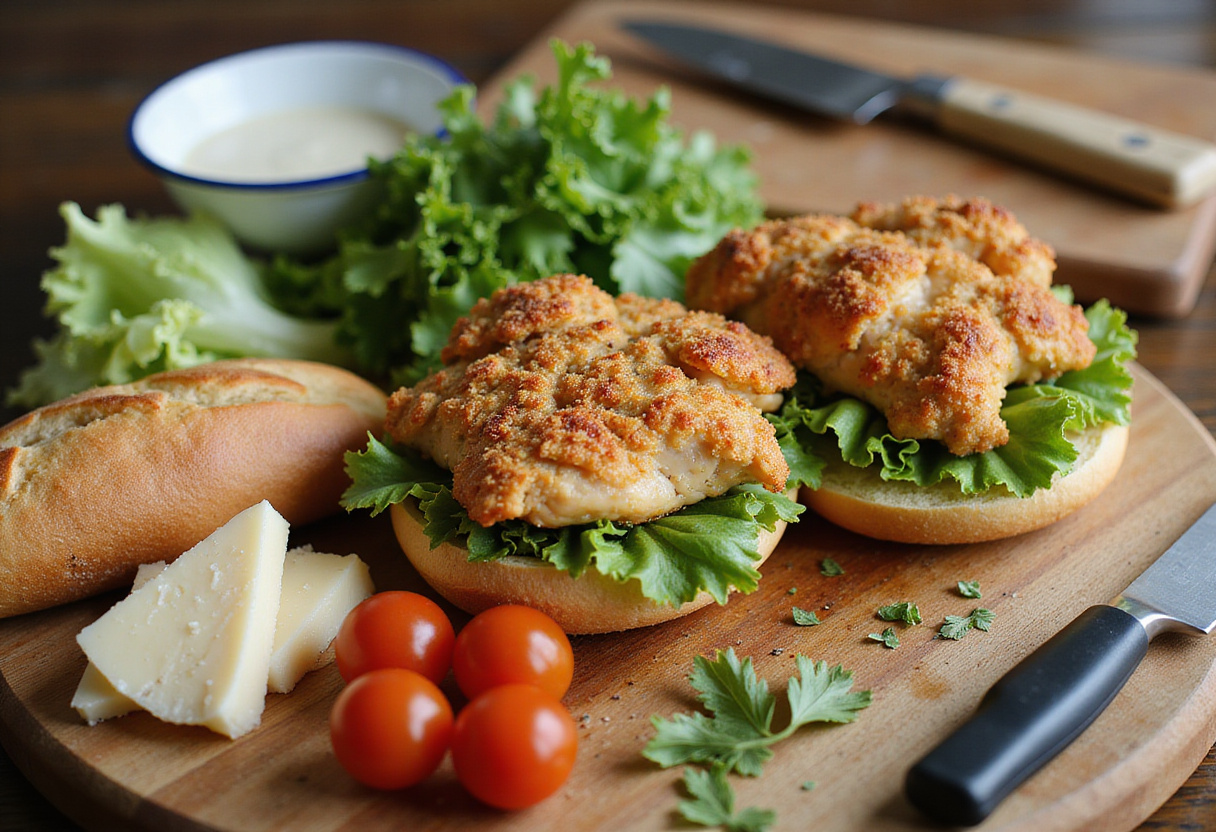 Fresh ingredients for a Crispy Chicken Caesar Sandwich, including lettuce, tomatoes, parmesan cheese, and Caesar dressing arranged on a wooden board.