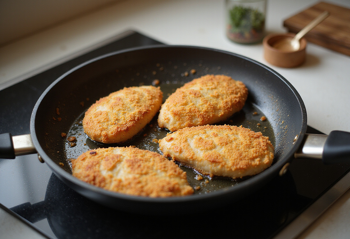 Cooking breaded chicken fillets in a sizzling pan, perfect for a Crispy Chicken Caesar Sandwich, highlighting the golden brown color and crispy texture.