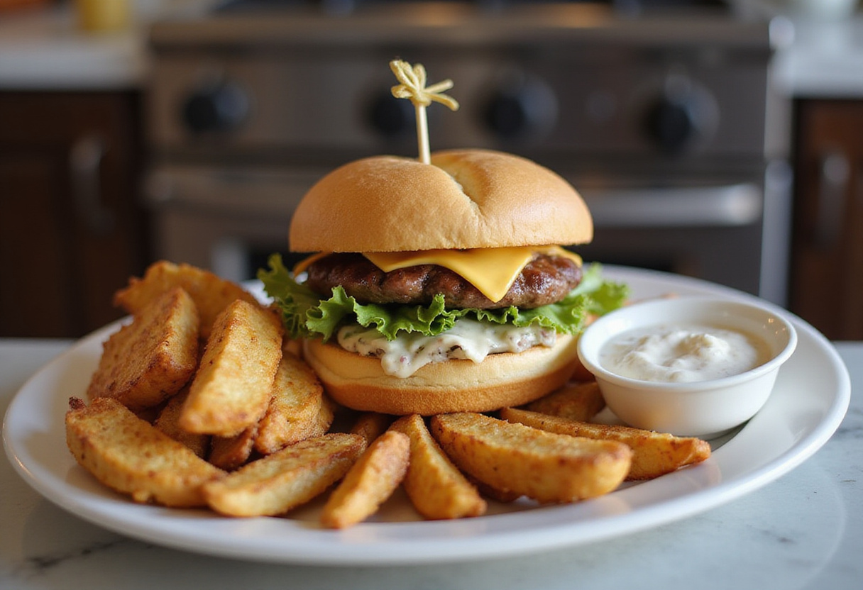 A beautifully arranged Crispy Chicken Caesar Sandwich on a plate, served with crispy fries and a bowl of dressing, perfect for lunchtime.