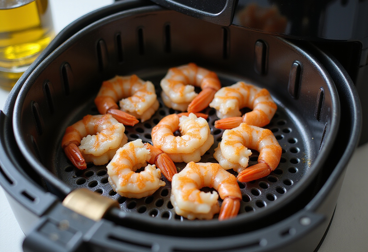 Crispy Garlic Butter Air Fryer Shrimp Easy Recipe - shrimp arranged in an air fryer ready for cooking.