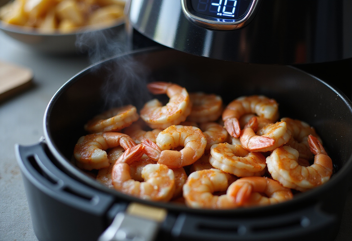 Crispy Garlic Butter Air Fryer Shrimp Easy Recipe - air fryer in action with shrimp being cooked.