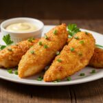 Final presentation of crispy homemade baked chicken tenders, highlighting the delicious golden crust and perfect accompaniments.