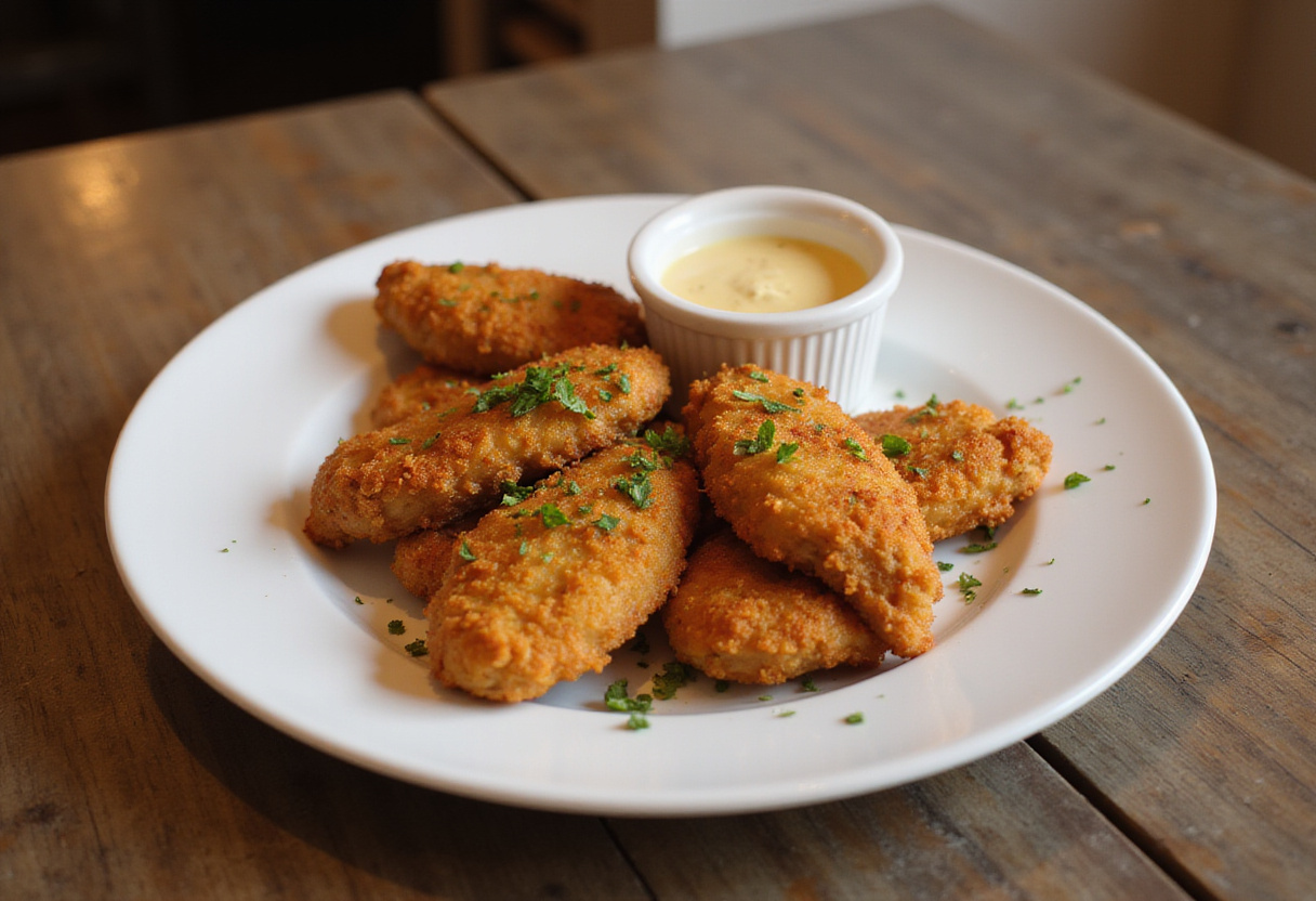 Final presentation of crispy homemade baked chicken tenders, highlighting the delicious golden crust and perfect accompaniments.