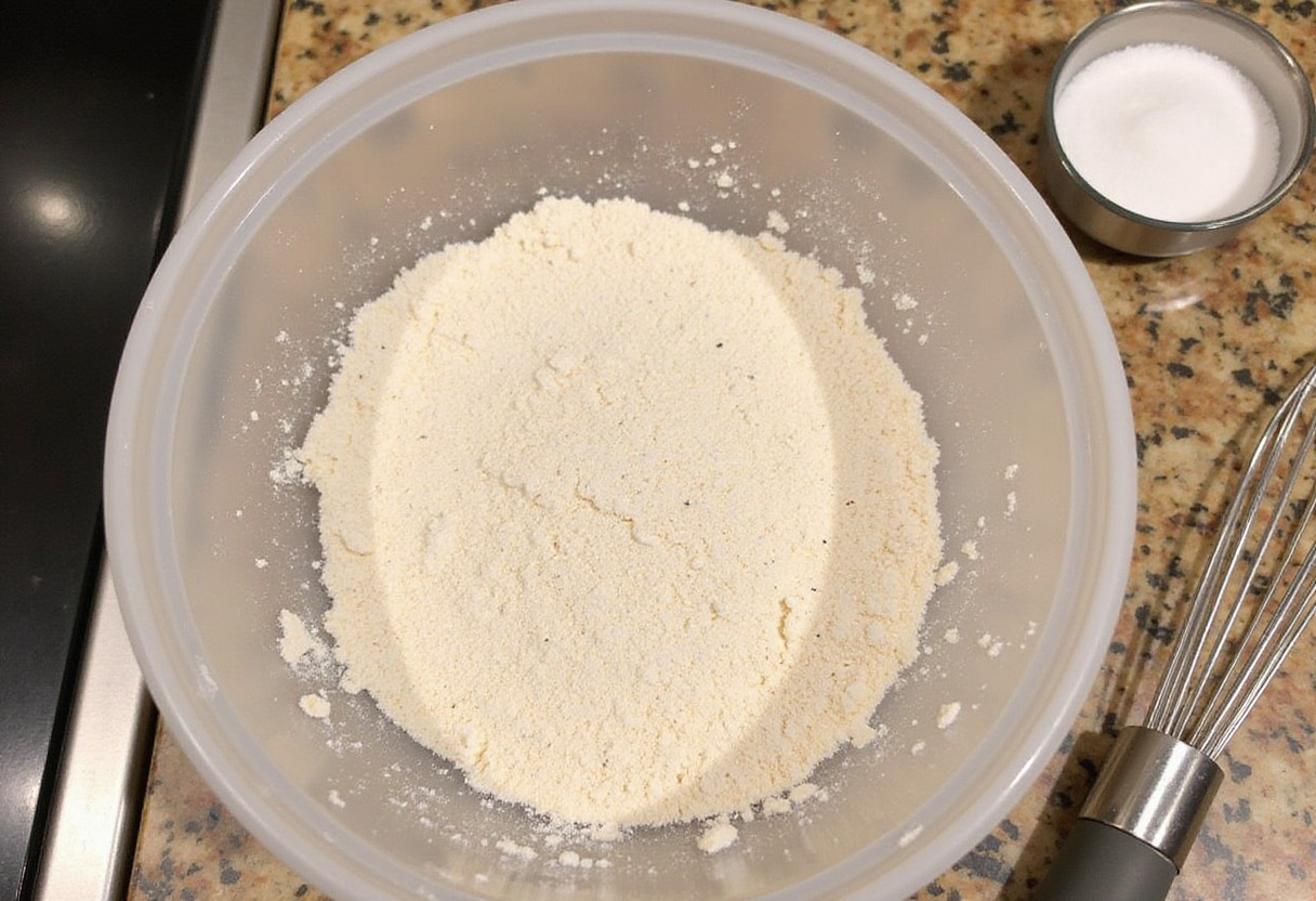 Crispy homemade baked chicken tenders preparation with seasoned flour and spices, key ingredients for delicious chicken tenders.