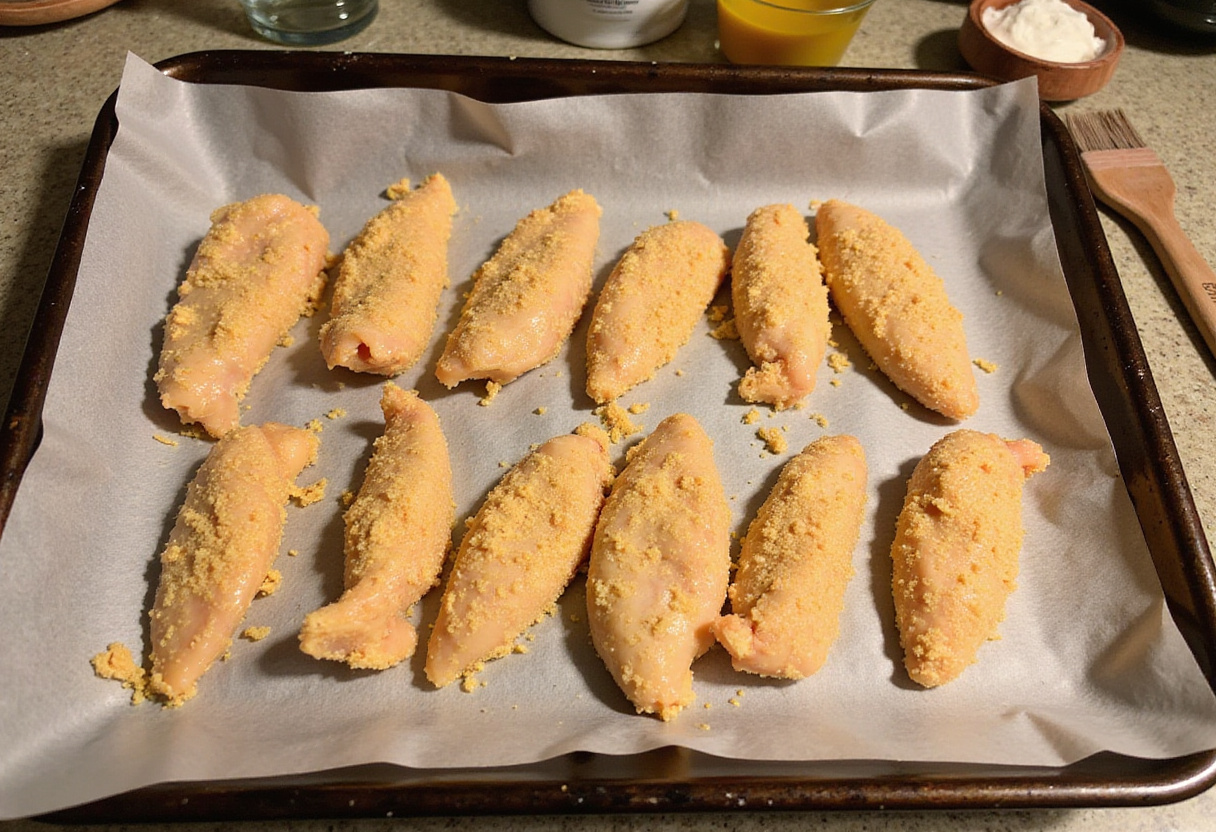 Preparing homemade baked chicken tenders on a baking tray, showcasing the crispy breading technique and baking process.