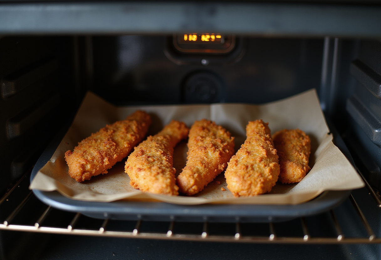 Baking process of homemade chicken tenders, emphasizing the transformation into a crispy texture in the oven.
