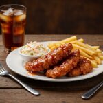 Crispy Honey BBQ Chicken Strips presentation: served with coleslaw and fries on a rustic table, displaying the irresistible final result of the dish.
