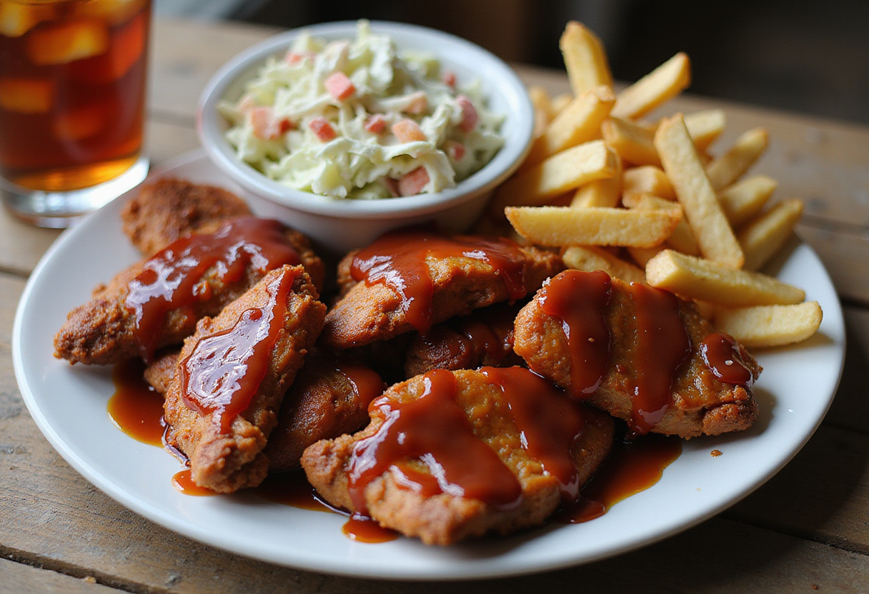Crispy Honey BBQ Chicken Strips presentation: served with coleslaw and fries on a rustic table, displaying the irresistible final result of the dish.