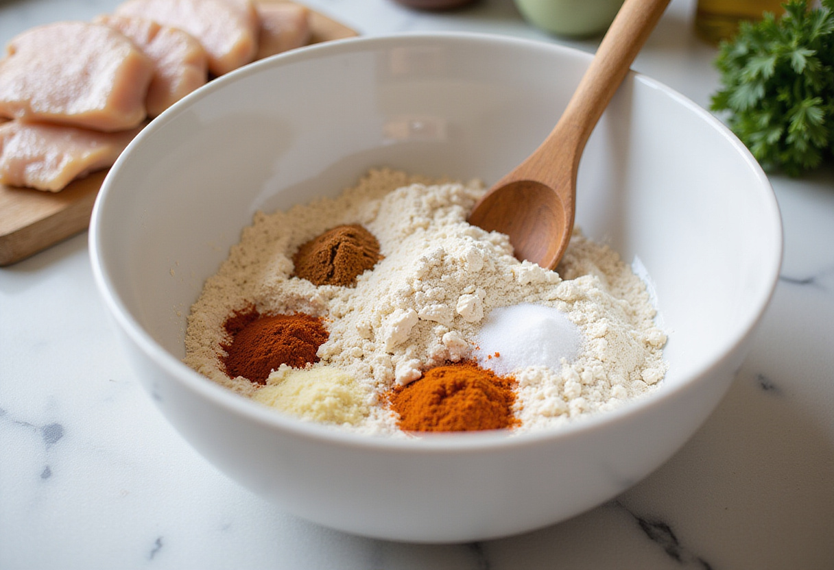 Crispy Honey BBQ Chicken Strips recipe: prepare the seasoned flour mixture for coating chicken strips in a bright kitchen setting.