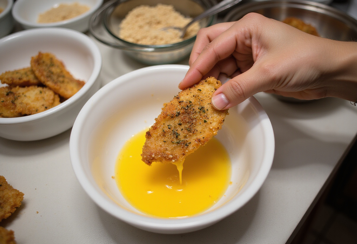 Crispy Honey BBQ Chicken Strips preparation: chicken strips being coated in egg mixture before frying, capturing the delicious cooking process.