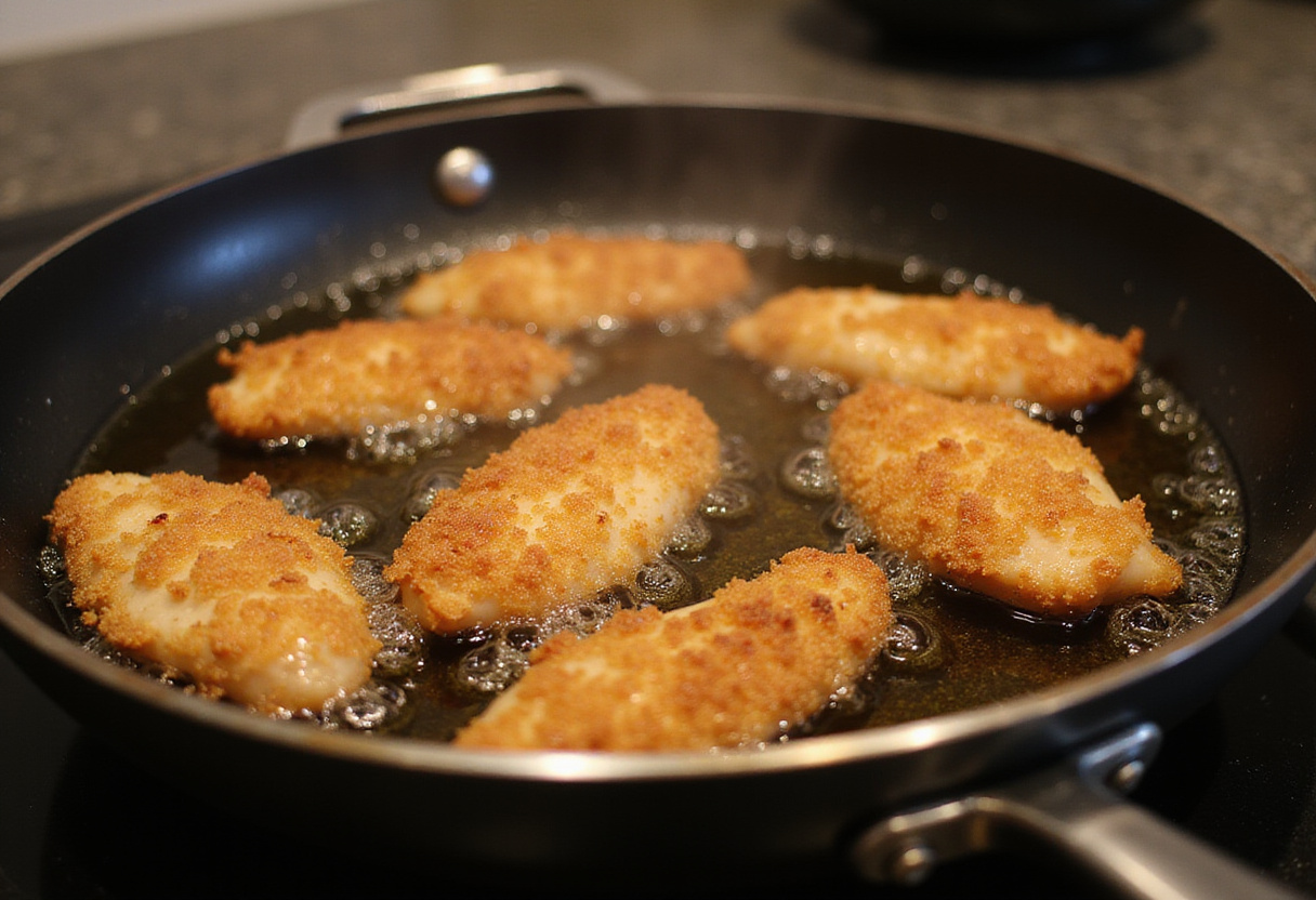 Crispy Honey BBQ Chicken Strips cooking process: chicken strips frying in hot oil, showcasing the frying technique and delicious aroma.