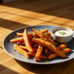 Delicious crispy oven baked sweet potato fries served elegantly with a dipping sauce, showcasing the final result of the recipe in a bright and inviting setting.