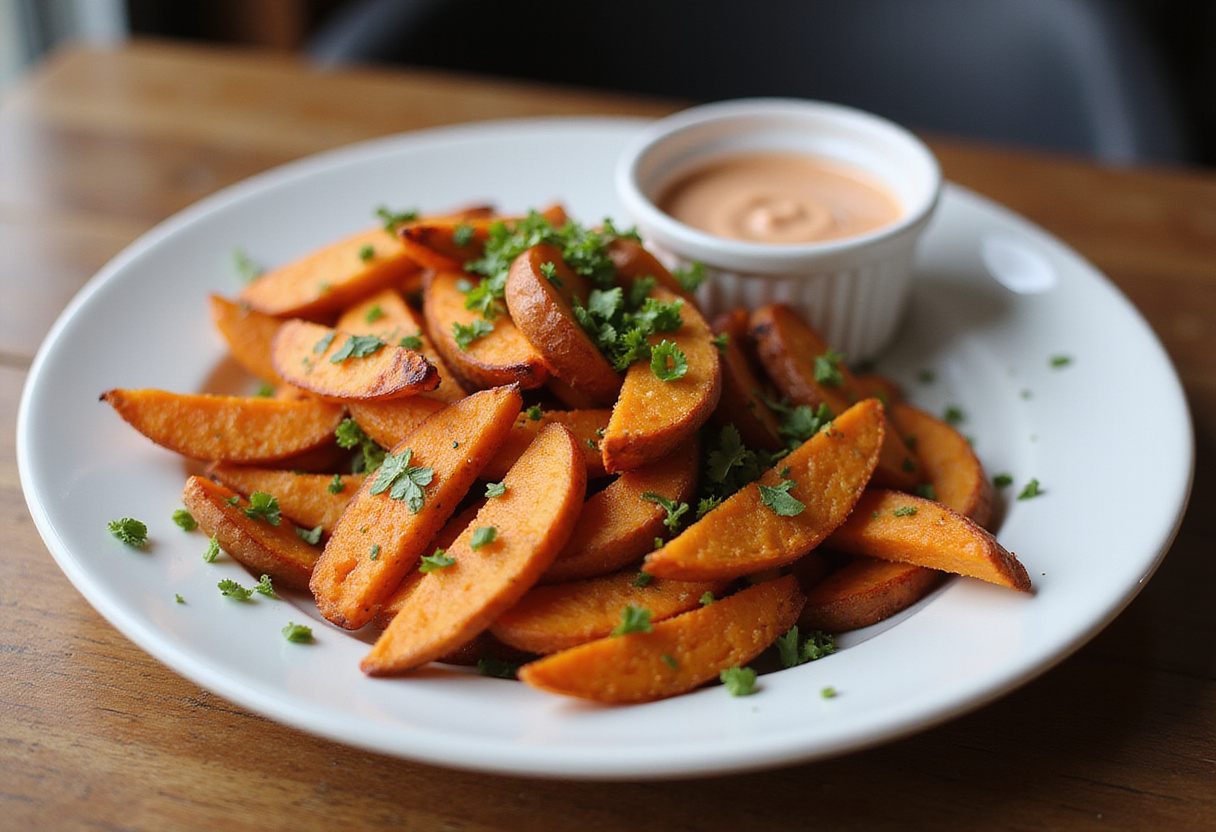 Delicious crispy oven baked sweet potato fries served elegantly with a dipping sauce, showcasing the final result of the recipe in a bright and inviting setting.