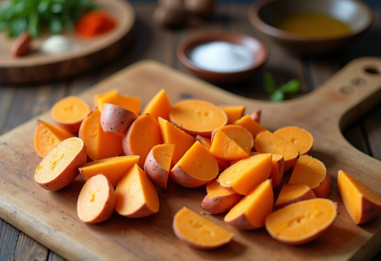 Freshly sliced sweet potatoes ready for making crispy oven baked sweet potato fries, showcasing vibrant colors and seasoning ingredients in a cozy kitchen setting.