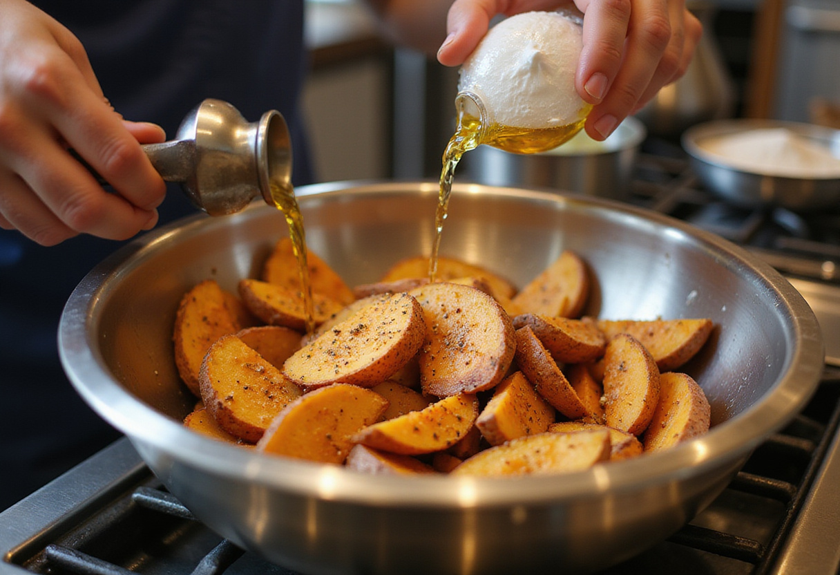 Sweet potato fries being seasoned with olive oil and spices in a vibrant mixing bowl, highlighting the preparation for crispy oven baked sweet potato fries.