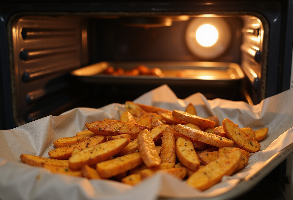 Seasoned sweet potato fries arranged on a baking sheet, prepared for baking, symbolizing the process of creating delicious crispy oven baked sweet potato fries.