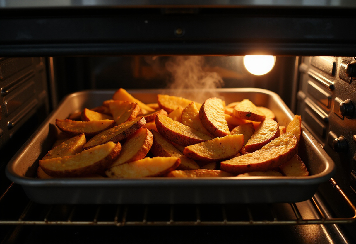 Golden brown sweet potato fries baking in the oven, illustrating the transformation from raw to delicious crispy oven baked sweet potato fries.