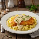 Delicious crispy parmesan chicken with a dreamy garlic cream sauce, a feast for the eyes that highlights gourmet presentation at home.