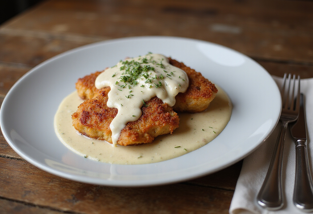 Delicious crispy parmesan chicken with a dreamy garlic cream sauce, a feast for the eyes that highlights gourmet presentation at home.