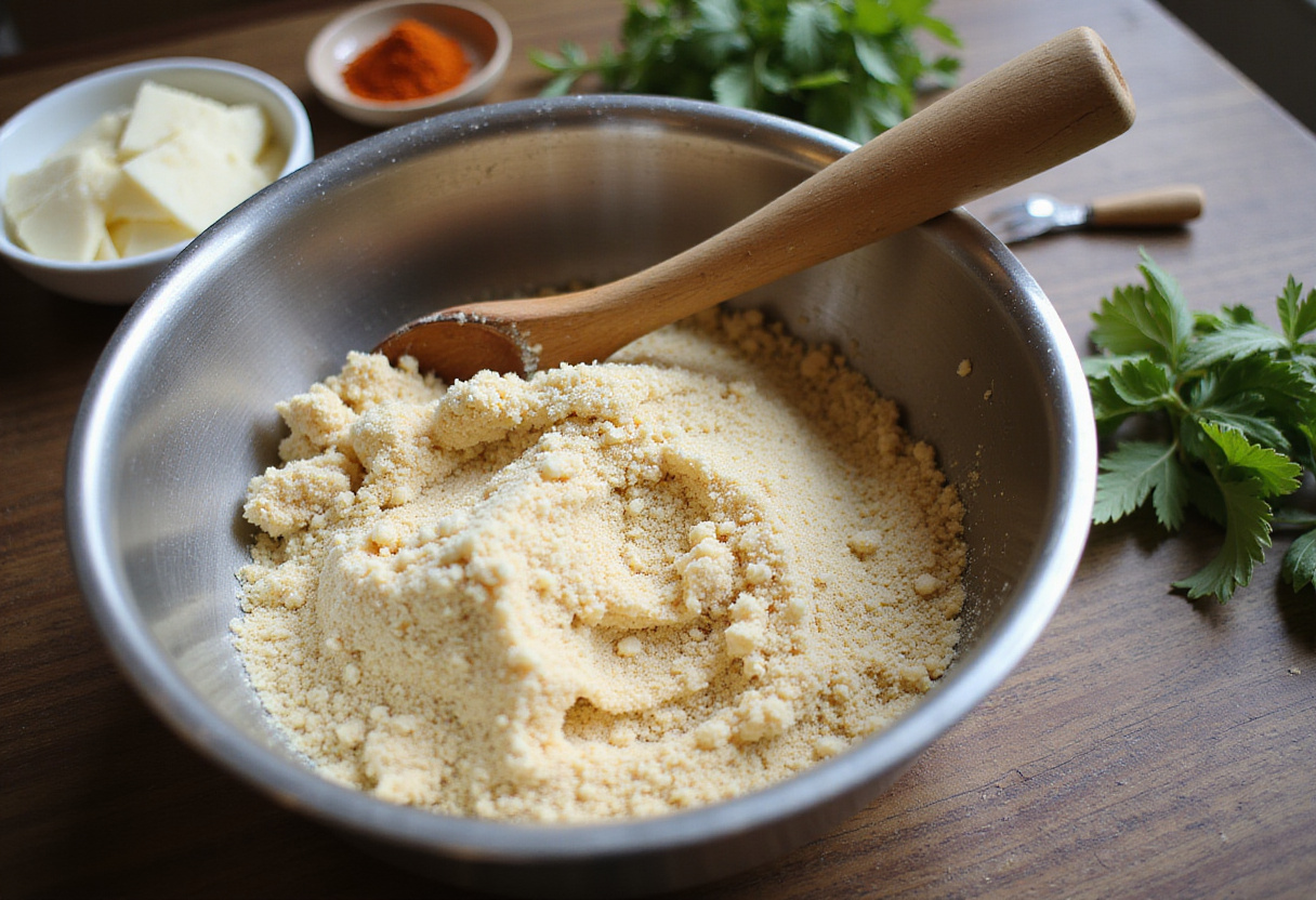 Mixing crispy breadcrumbs and parmesan cheese for crispy parmesan chicken, highlighting the blend of textures and flavors.
