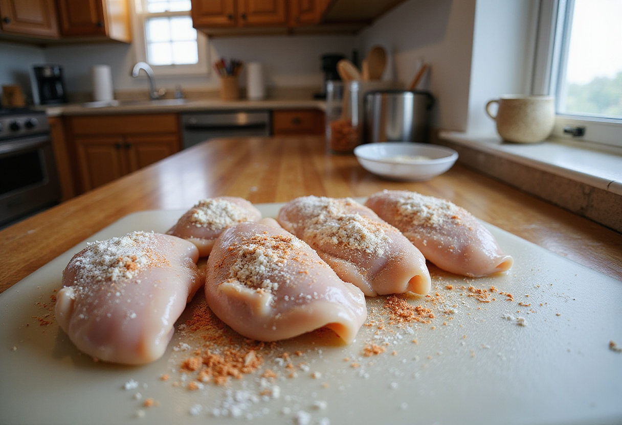 Coating raw chicken breasts with seasoned flour for crispy parmesan chicken, showcasing the preparation process in a cozy kitchen setting.