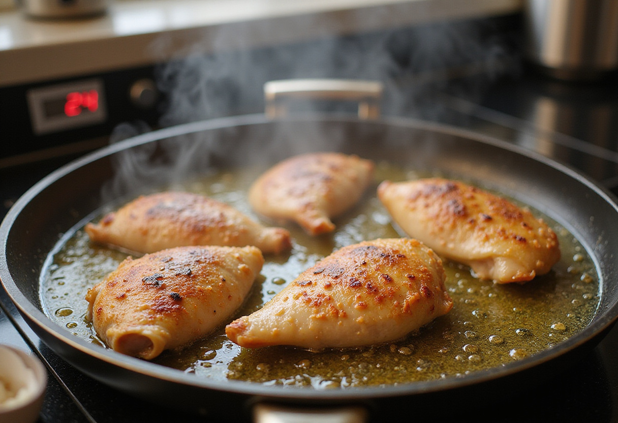 Frying chicken breasts until golden brown for crispy parmesan chicken, capturing the delicious aroma and cooking process in the kitchen.