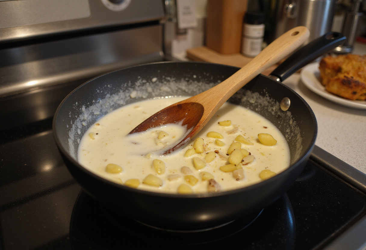 Preparing creamy garlic sauce for crispy parmesan chicken, illustrating the simplicity and flavor of homemade sauce in a warm kitchen.