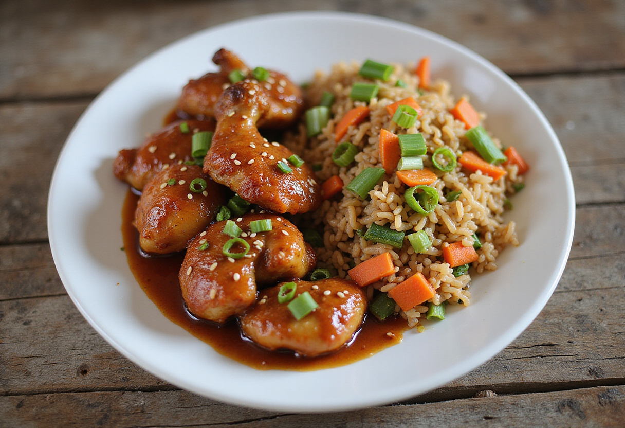Crispy Saucy Chicken with Vegetable Fried Rice elegantly plated, showcasing a delicious meal perfect for family dinners or special occasions.