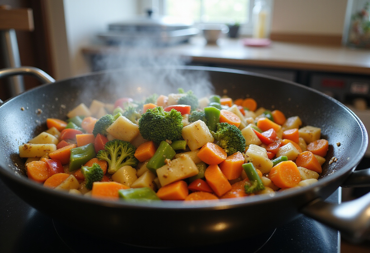 Stir-fried vegetables such as bell peppers and broccoli for Vegetable Fried Rice, highlighting the fresh and colorful ingredients used in this healthy recipe.
