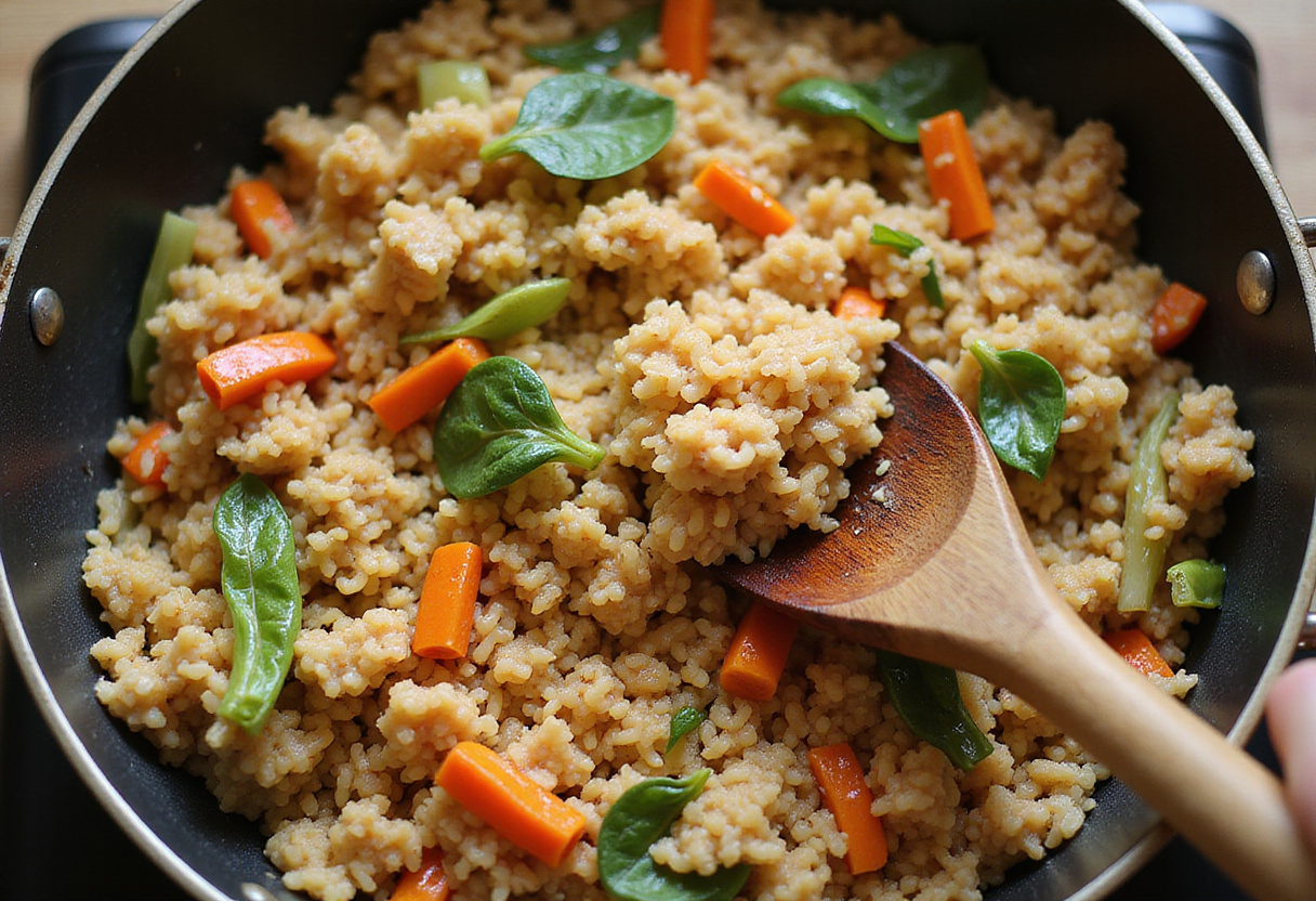 Combining rice and stir-fried vegetables in a wok for Vegetable Fried Rice, emphasizing the blending of flavors and textures in a wholesome meal.