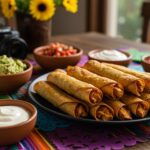 Delicious Crispy Chicken Taquitos - Platter of crispy taquitos served with guacamole, salsa, and sour cream, perfect for a party.