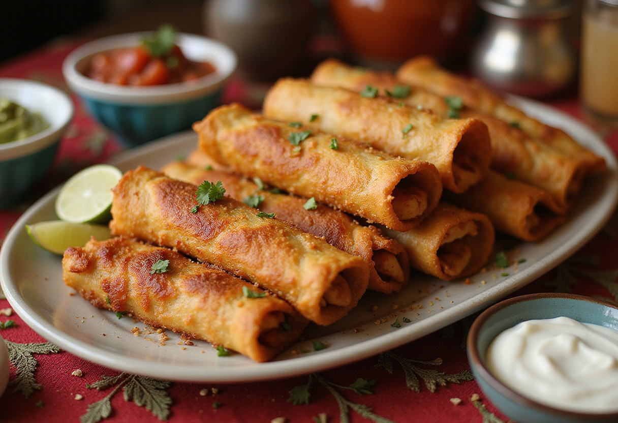Delicious Crispy Chicken Taquitos - Platter of crispy taquitos served with guacamole, salsa, and sour cream, perfect for a party.