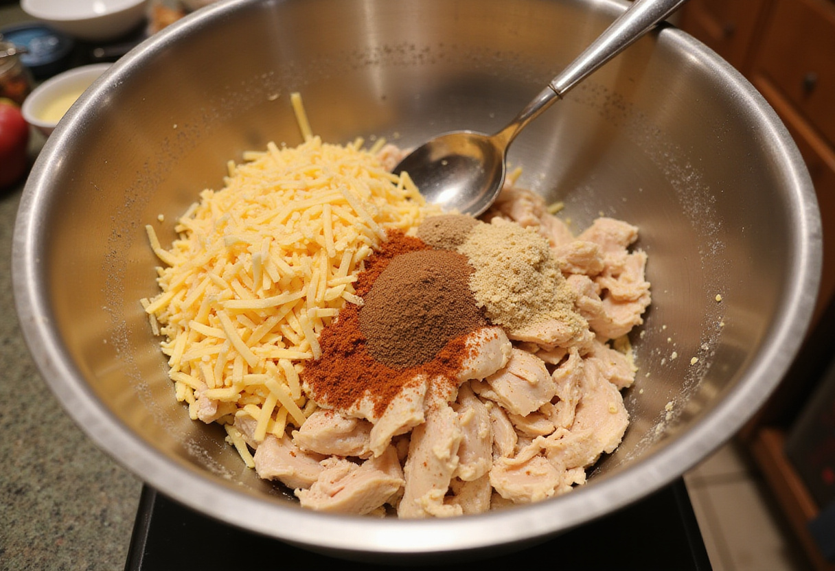 Delicious Crispy Chicken Taquitos - Shredded chicken mixed with cheese and spices in a cozy kitchen.