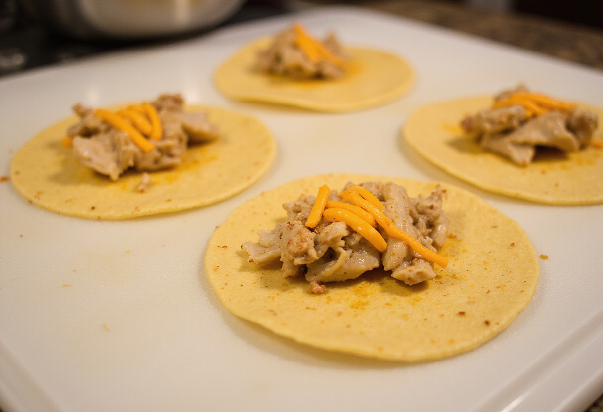 Delicious Crispy Chicken Taquitos - Corn tortillas filled with seasoned chicken and cheese on a wooden cutting board.