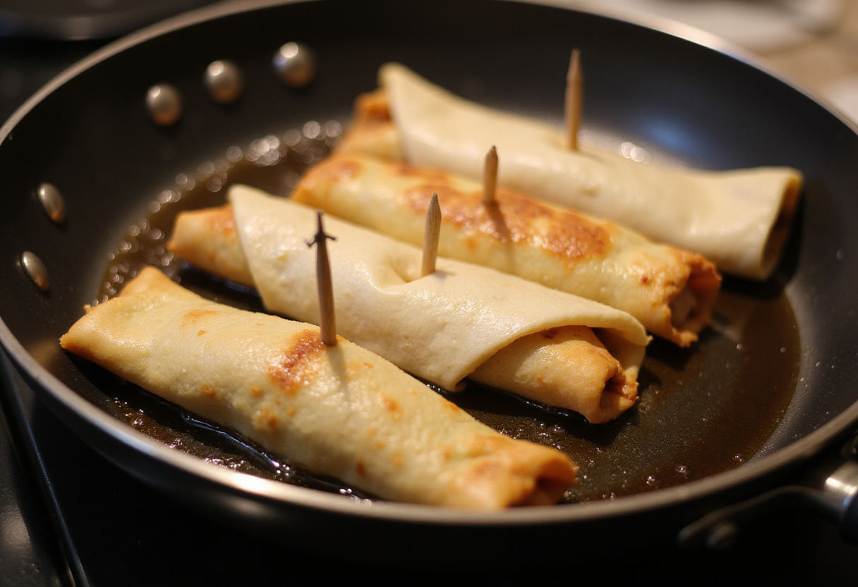 Delicious Crispy Chicken Taquitos - Chicken-filled taquitos frying in a skillet, achieving a crispy texture.