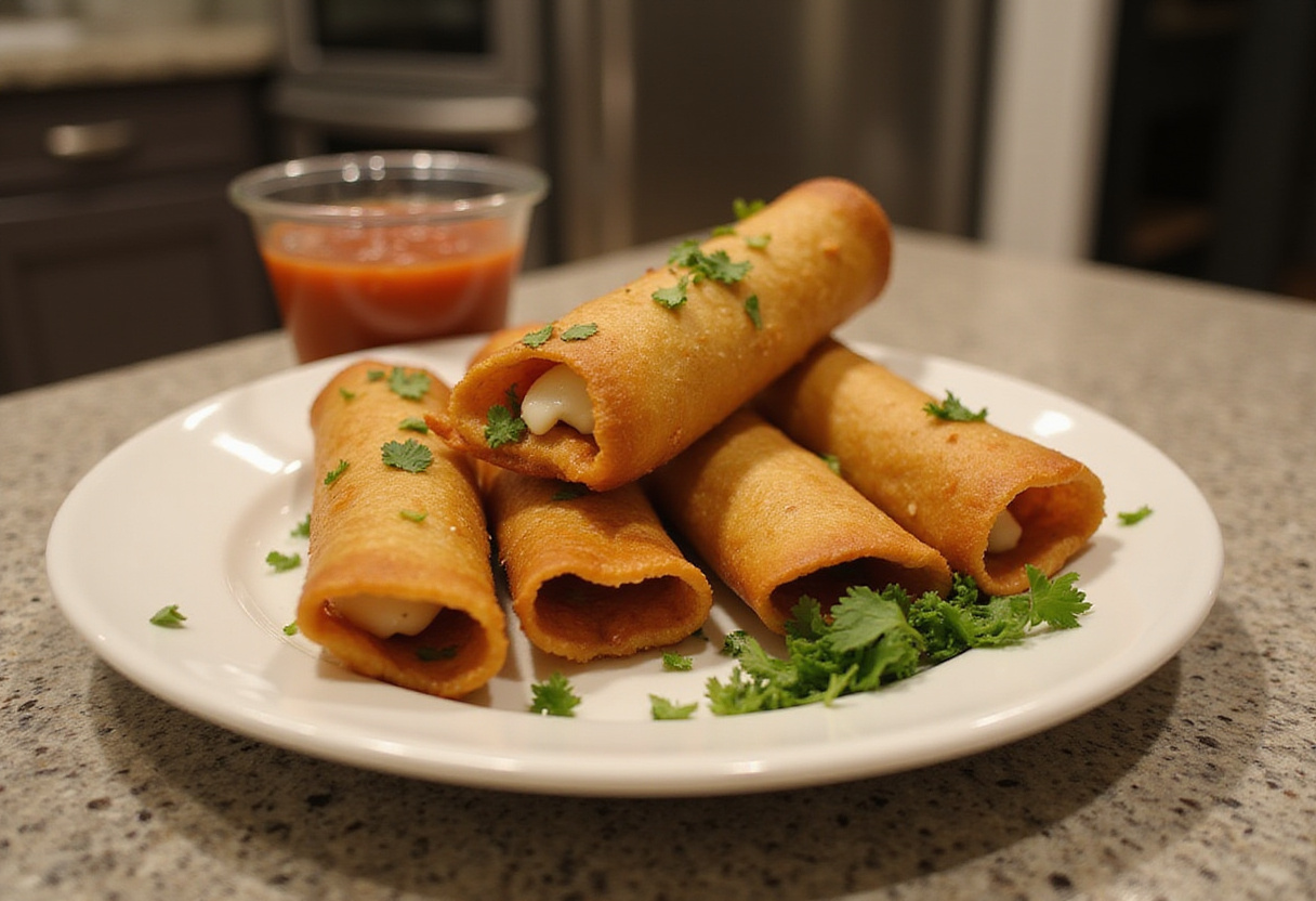 Delicious Crispy Chicken Taquitos - Plate of fried taquitos served with salsa and cilantro garnish.