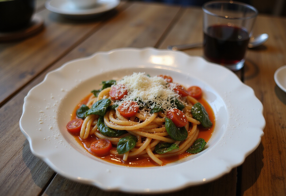 Final presentation of delicious spinach tomato pasta garnished with Parmesan cheese, showcasing an inviting dining experience.