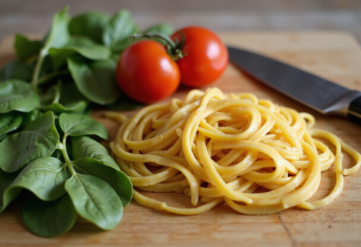 Preparing fresh spinach and ripe tomatoes for delicious spinach tomato pasta, showcasing vibrant vegetables on a cutting board.
