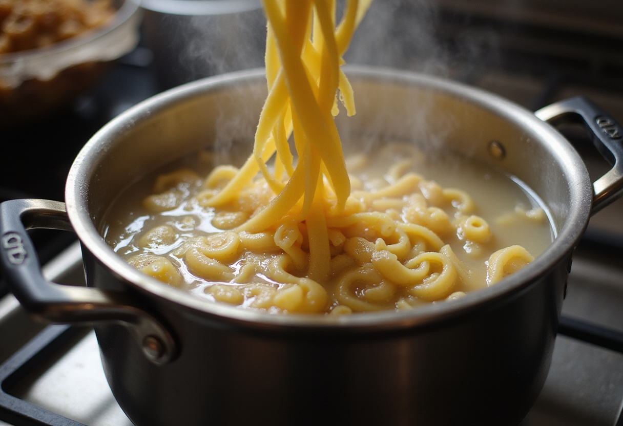 Cooking pasta in boiling water for delicious spinach tomato pasta, capturing the steaming pot and vibrant pasta.